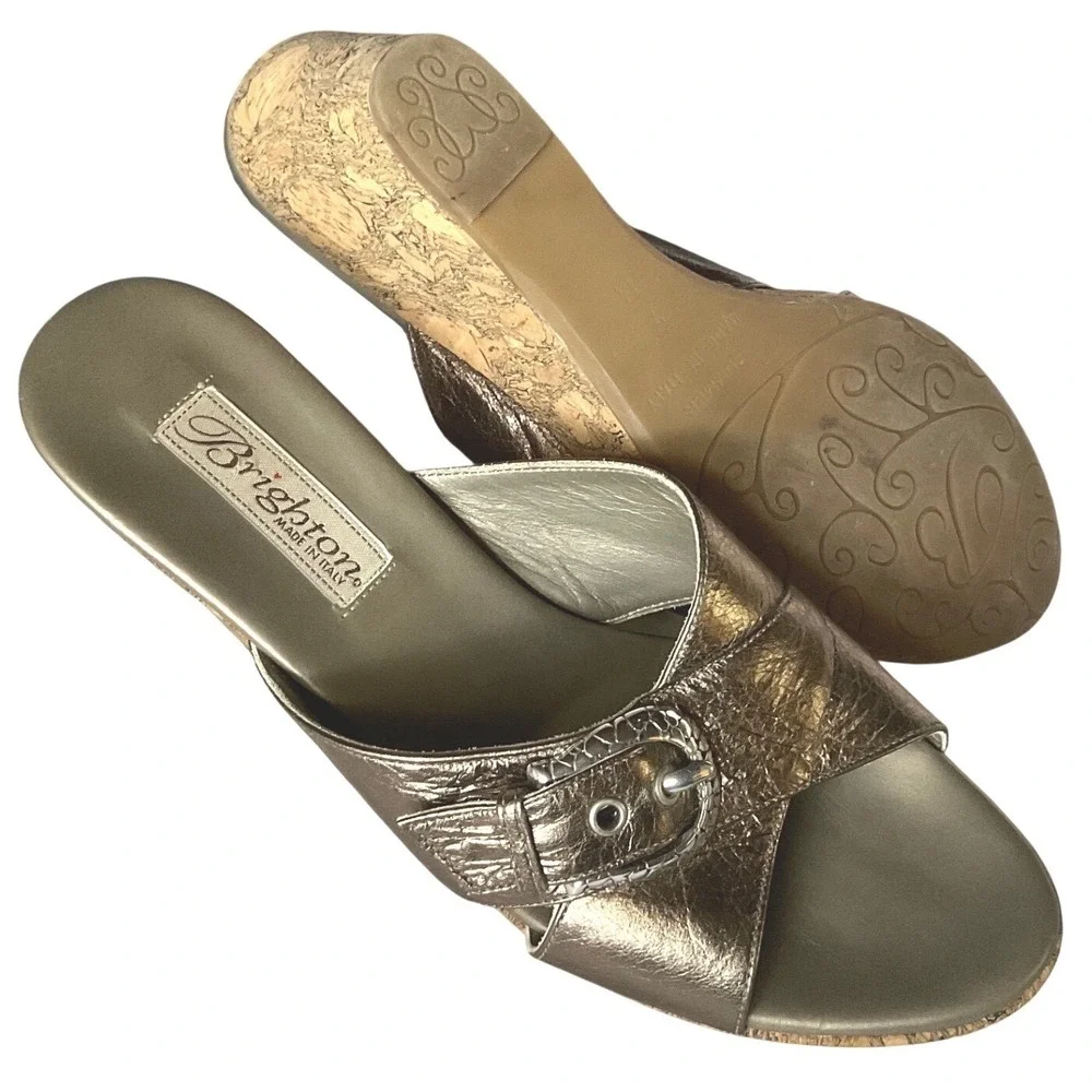 Brighton Metallic Bronze Leather Cork Wedge Sandals Made‎ in Italy Womens 9